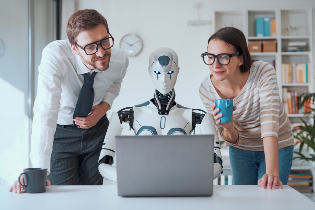 business people supervising a robot work